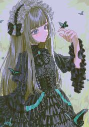  1girl absurdres black_bow black_bowtie black_corset black_dress blonde_hair blue_eyes blunt_bangs bow bowtie brooch bug butterfly butterfly_on_hand corset cowboy_shot dress frilled_dress frilled_hairband frilled_sleeves frills gem gothic_lolita grass green_butterfly green_gem green_trim hairband hand_up highres jewelry koh_(user_kpcu7748) lolita_fashion lolita_hairband long_hair long_sleeves looking_at_animal mole mole_under_eye original pixel_art signature solo straight_hair 