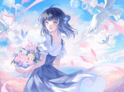  1girl aegyo_sal ahoge artist_request bare_arms bird black-haired_stylist_(shining_nikki) black_hair blue_dress blue_flower blue_sky blunt_bangs bouquet bug butterfly chinese_commentary clouds commentary_request commission cowboy_shot day dot_nose dove dress eyelashes falling_petals field floating_clothes floating_hair flower flower_field frilled_sleeves frills from_behind hair_bun hair_flower hair_ornament highres holding holding_bouquet layered_dress light_blush light_particles looking_at_viewer looking_back medium_dress medium_hair nikki_(series) open_mouth outdoors petals pink_butterfly pink_flower pink_rose pleated_dress puffy_short_sleeves puffy_sleeves rose sample_watermark second-party_source shining_nikki short_sleeves single_side_bun sky smile solo standing stylist_(nikki) teeth too_many_watermarks upper_teeth_only watermark white_dress white_flower white_rose wind yellow_eyes yellow_flower 
