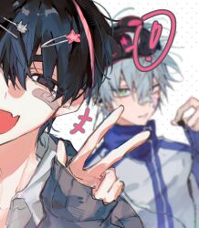  2boys alien_stage bandaid bandaid_on_face bandaid_on_nose black_eyes black_hair blurry fang green_eyes hair_ornament hairclip highres ivan_(alien_stage) jacket long_sleeves looking_at_viewer male_focus multiple_boys open_mouth shirt short_hair skin_fang sleeves_past_wrists smile star_(symbol) till_(alien_stage) v white_hair zhi_bai 