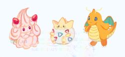  alcremie black_eyes claws colored_skin commentary_request dragon dragonite egg food fruit horns no_humans orange_skin pokemon pokemon_(creature) pokemon_focus red_eyes single_horn sitting smile strawberry su_(sajo_su5) tail togepi white_background wings 
