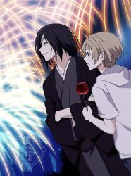  2boys aerial_fireworks black_hair blonde_hair brown_eyes brown_hair candy_apple closed_mouth commentary_request festival fireworks food highres japanese_clothes long_sleeves male_focus matoba_seiji multiple_boys natsume_takashi natsume_yuujinchou open_mouth premium_(prmsub) short_hair sparkler summer_festival 