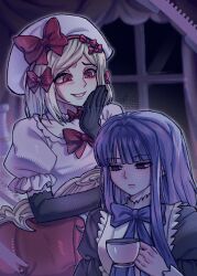  2girls absurdres beret black_gloves blonde_hair blue_hair bow commentary cup dress frederica_bernkastel frilled_dress frilled_sleeves frills gloves gothic_lolita hair_ornament hand_on_own_face hat highres holding holding_cup jewelry lambdadelta lolita_fashion long_hair long_sleeves looking_at_another looking_to_the_side multiple_girls necklace pearl_necklace pink_dress pink_hat purple_bow red_bow red_eyes short_hair sitting smile tea teacup throne umineko_no_naku_koro_ni untranslatable_commentary violet_eyes window 