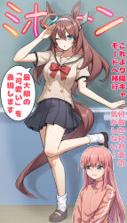  2girls animal_ears blue_eyes bocchi_the_rock! brown_hair brown_shoes chalkboard chestnut_mouth commentary_request crossover full_body gotoh_hitori hair_between_eyes hasegawa_ikumi highres horse_ears horse_girl horse_tail jacket long_hair loose_socks mary_janes mihono_bourbon_(umamusume) multiple_girls one_eye_closed partial_commentary pink_hair pink_jacket pleated_skirt ryuhirohumi salute school_uniform shoes shuka_high_school_uniform silver_hairband skirt socks standing standing_on_one_leg sweatdrop tail track_jacket translation_request umamusume uwabaki voice_actor_connection white_socks 