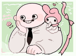  1boy 1girl animal_on_shoulder arm_up awa. bald blush_stickers border bow collared_shirt commentary_request covering_own_mouth crossover elbow_rest english_text enoch_(off) flower green_background grin hand_on_own_face head_rest heart long_sleeves my_melody my_melody_(series) off_(game) onegai_my_melody pink_ribbon rabbit_girl ribbon sanrio shirt sitting smile white_border white_shirt wing_collar 