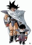  2boys armor black_footwear black_hair boots breastplate cape character_request dragon_ball durian food fruit full_body highres holding holding_food holding_fruit kakeru_(dbskakeru) looking_at_viewer multiple_boys muscular muscular_male pants purple_pants scouter shirt short_hair simple_background sleeveless spiky_hair toriyama_akira_(style) white_background white_cape 