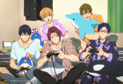  5boys animal_print bedroom black-framed_eyewear brown_hoodie butterfly_print commentary_request controller free! game_controller hazuki_nagisa holding holding_controller holding_game_controller hood hoodie kyoto_animation looking_at_viewer matsuoka_rin multiple_boys nanase_haruka_(free!) official_art on_bed on_floor pajamas pink_hoodie playing_games playing_video_games ryuugazaki_rei stuffed_animal stuffed_dolphin stuffed_penguin stuffed_shark stuffed_toy tachibana_makoto 