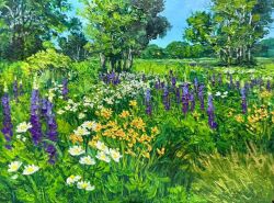  blue_sky clear_sky commentary day english_commentary flower grass kate_avery meadow no_humans oil_painting_(medium) original outdoors painting_(medium) purple_flower scenery sky traditional_media tree white_flower yellow_flower 