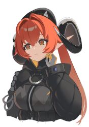  1girl black_hat black_horns breasts closed_mouth commentary_request curled_horns dragon_girl dragon_horns gloves green_eyes hair_between_eyes hand_up hat highres horns long_hair mechanical_horns orange_hair orange_pupils orphie_magnusson pointy_ears qwer_v2 simple_background solo twintails upper_body white_background yellow_gloves zenless_zone_zero 