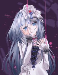  1girl artist_name blue_eyes blue_nails blue_ribbon blunt_bangs choker closed_mouth coffee_ole commentary_request copyright_name cross-laced_clothes cross-laced_dress dress dress_flower expressionless fingernails flower grey_hair hair_flower hair_ornament hand_on_own_face hands_up head_tilt highres juliet_sleeves lace-trimmed_choker lace_trim long_fingernails long_fingers long_hair long_sleeves looking_at_viewer nail_polish official_alternate_costume official_alternate_hairstyle pink_flower pink_rose project_sekai puffy_sleeves ribbon rose shadow_shadow_(vocaloid) sidelocks sleeves_past_wrists solo song_name upper_body very_long_hair white_choker white_dress white_flower white_rose wide-eyed yoisaki_kanade 
