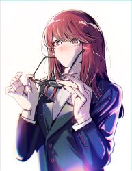  1girl 65g0hu8yotr7h absurdres black_bow black_bowtie black_jacket bow bowtie cropped_torso glasses highres holding holding_removed_eyewear jacket long_hair megami_tensei persona persona_5 persona_5_the_royal red_eyes red_hair school_uniform shuujin_academy_school_uniform simple_background solo tearing_up turtleneck unworn_eyewear white_background yoshizawa_sumire 