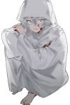  1girl absurdres barefoot blood blood_on_face blood_on_hands commentary_request grey_eyes gundam gundam_suisei_no_majo highres hooded_robe jia_ma looking_at_viewer miorine_rembran parted_lips robe simple_background sitting solo white_background white_hair white_robe 