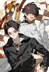  2boys belt black_hair black_jacket brown_hair chinese_commentary coffee commentary_request cup food glasses gloves highres holding holding_cup jacket long_sleeves looking_at_viewer male_focus multiple_boys necktie onitwo open_mouth original red_eyes shirt short_hair smile white_gloves white_shirt 