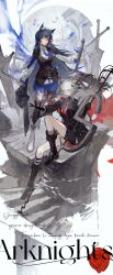  2girls absurdres animal_ear_fluff animal_ears arknights black_boots black_gloves black_hair black_vest blue_gloves blue_necktie blue_shorts boots coat coat_on_shoulders commentary copyright_name fingerless_gloves gloves gradient_necktie grey_hair hair_ornament highres holding holding_sword holding_weapon lappland_(arknights) lappland_the_decadenza_(arknights) long_hair multicolored_gloves multiple_girls necktie official_alternate_costume orange_eyes pantyhose pantyhose_under_shorts qinghejunzi red_gloves red_necktie scar scar_across_eye scar_on_face shorts smile sword texas_(arknights) texas_the_omertosa_(arknights) torn_clothes torn_necktie torn_pantyhose two-tone_gloves two-tone_necktie untranslatable_commentary vest weapon white_boots wolf_ears wolf_girl 