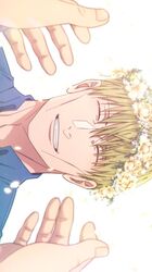  1boy ^_^ aozora1227 blonde_hair blue_shirt closed_eyes collared_shirt flower grin head_wreath highres jujutsu_kaisen male_focus nanami_kento portrait pov pov_hands shirt short_hair sideways simple_background smile solo teeth white_background 