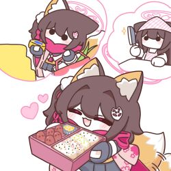  1girl animal_ear_fluff animal_ears apron bag bento black_gloves black_shirt blue_archive brown_hair cape commentary fox_ears fox_girl fox_tail gloves halo heart highres holding holding_bag holding_bento holding_knife izuna_(blue_archive) knife korean_commentary milky_cat0618 neckerchief pink_apron pink_cape pink_halo red_neckerchief red_scarf scarf shirt tail white_shirt 