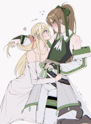  2girls black_boots blonde_hair blush boots bow bowtie bridal_gauntlets brown_hair commentary detached_sleeves dress flying_sweatdrops green_bow green_eyes green_shirt grey_background hair_bow hand_in_another's_hair heart highres licking_lips long_hair looking_at_another multiple_girls one_one_11 original pants pink_bow pink_bowtie pink_eyes ponytail shirt simple_background sweat tongue tongue_out trembling white_dress white_pants yuri 