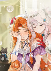  2girls absurdres ahoge braid chinese_commentary clenched_teeth closed_eyes closed_mouth commentary_request crying denia_(wuthering_waves) fingerless_gloves ghost gloves hair_ornament highres jacket long_hair multiple_girls navel orange_hair pink_hair purple_jacket red_gloves rubbing_eyes sigrika_(wuthering_waves) smile stomach stuffed_toy teeth veil white_gloves white_veil wuthering_waves ye_yu_(pixiv_17156650) 