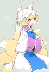  1girl :d blonde_hair blue_tabard commentary_request dated dress fang fox_girl fox_tail grey_background hands_in_opposite_sleeves hat highres kitsune kyuubi long_sleeves m_(m073111) mob_cap multiple_tails one-hour_drawing_challenge open_mouth simple_background smile solo tabard tail touhou white_dress white_hat wide_sleeves yakumo_ran yellow_eyes 