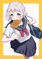  1girl absurdres bag black_bag black_sailor_collar black_skirt blue_eyes blush border bow bowtie braid bread bread_slice commentary_request cowboy_shot food food_in_mouth gakuen_idolmaster grey_hair grid_background half_up_braid highres holding_strap idolmaster katsuragi_lilja late_for_school looking_at_viewer miniskirt miyuki_kotori mouth_hold outside_border pleated_skirt red_bow red_bowtie sailor_collar school_uniform serafuku shirt short_hair skirt solo toast toast_in_mouth white_background white_shirt yellow_border 