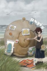  1girl antenna_hair bag beach black_eyes black_shoes commentary_request dated drawing_(object) grass highres korean_commentary looking_at_viewer nervous_smile ocean original outdoors overcast pore_(tawac3po) shoes sketchbook skirt sky sleeveless smile snail snail_girl snail_shell solo sweat 