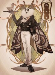  1boy absurdres antennae argyle_background arms_behind_back arthropod_boy black_eyes black_jacket black_shoes bowl brown_wings butler buttons character_name claws colored_fingertips commentary cup double-breasted extra_arms floral_print full_body fur_collar furry furry_male hand_up highres holding holding_tray insect_wings jacket lapels male_focus moth_antennae moth_boy moth_wings muranoa original pants print_jacket shoes solo spoon standing tray white_pants wings 