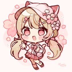  1girl :d absurdres bandaid bandaid_on_leg basket blonde_hair blush_stickers bow bowtie brown_shoes cherry_blossoms chibi chibi_only commentary dosukoi_(nagihoko) double-parted_bangs drop_shadow english_commentary flower frilled_sailor_collar frills full_body hair_flower hair_ornament hands_up hat highres jacket kneehighs long_hair low_twintails open_clothes open_jacket open_mouth original pink_bow pink_bowtie pink_eyes pink_hat pink_sailor_collar pink_skirt pleated_skirt sailor_collar shoes signature single_kneehigh single_sock skirt smile socks solo standing twintails white_jacket white_socks 