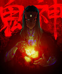  1boy absurdres avnkoan black_sclera character_name colored_sclera colored_skin commentary cube english_commentary full-body_tattoo green_hair green_skin highres long_hair magic male_focus mask original red_eyes single_blank_eye skull_mask solo tattoo third_eye upper_body yellow_eyes 
