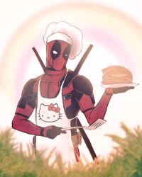  1boy apron avnkoan belt_pouch blurry bodysuit chef_hat commentary deadpool deadpool_(series) depth_of_field food grass hat hello_kitty hello_kitty_(character) highres holding holding_plate holding_spatula male_focus marvel mask pancake pancake_stack plate pouch rainbow red_bodysuit sanrio solo spatula superhero_costume sword sword_on_back upper_body weapon weapon_on_back white_apron 