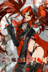  1girl :d black_coat black_gloves black_panties blood boots chinese_commentary choker coat collar commentary_request epaulettes gloves hair_between_eyes hat highres jacket jacket_on_shoulders jewelry lace-up_boots long_hair long_sleeves looking_at_viewer midriff navel onitwo open_clothes open_coat open_mouth original panties peaked_cap red_hair scar smile solo stomach teeth thigh-highs thigh_boots twintails underwear w white_coat yellow_eyes 