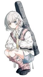  1girl bang_dream! bang_dream!_it's_mygo!!!!! black_shoes blue_eyes blue_shorts grey_hair guitar_case hair_ornament hairclip heterochromia highres instrument_case instrument_case_on_back kaname_raana leg_warmers long_sleeves medium_hair migolu pink_leg_warmers pink_sweater_vest shirt shoes shorts simple_background sleeves_past_wrists solo squatting sweater_vest white_background white_shirt yellow_eyes 