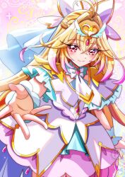  1girl absurdres antenna_hair blonde_hair bow brooch capelet commentary_request cure_arcana dress frilled_capelet frilled_cuffs frills glowing gradient_hair hair_intakes heart heart_brooch highres jewelry long_hair looking_at_viewer magical_girl meitantei_precure! momotarouooi moria_luluka multicolored_hair precure smile solo veil very_long_hair white_capelet white_dress white_veil white_wrist_cuffs winged_heart wrist_cuffs 
