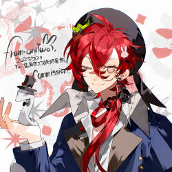  1boy blue_jacket chinese_commentary closed_eyes closed_mouth collared_shirt commentary_request crossed_bangs earrings eyewear_strap ferret hair_between_eyes hair_ornament hat highres holding jacket jewelry long_hair long_sleeves low_ponytail male_focus monocle one_eye_closed onitwo original ponytail rabbit_hair_ornament red_hair ribbon shirt smile solo top_hat upper_body vest white_shirt 