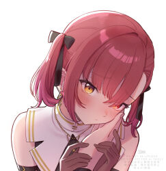  1girl 1other a-ka black_ribbon blush brown_gloves closed_mouth commentary_request earrings flying_sweatdrops gloves hair_over_one_eye hair_ribbon hand_on_another's_face head_tilt heterochromia highres hololive houshou_marine houshou_marine_(ahoy!!_you're_all_pirates) jewelry light_frown looking_at_viewer looking_up official_alternate_costume official_alternate_hairstyle pov pov_hands raised_inner_eyebrows red_eyes red_hair ribbon shade sidelocks simple_background sleeveless solo_focus twintails upper_body variant_set water white_background yellow_eyes 
