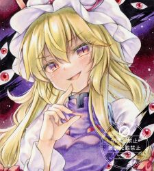  1girl blonde_hair blush bow commentary_request dress gap_(touhou) hair_between_eyes hair_bow hat hat_ribbon long_hair looking_at_viewer mob_cap nekofish666 open_mouth purple_tabard red_bow red_ribbon ribbon smile solo tabard touhou traditional_media upper_body violet_eyes watermark white_dress white_hat yakumo_yukari 