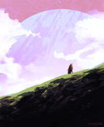  1other absurdres ambiguous_gender avnkoan clouds commentary energy_barrier english_commentary from_behind full_body highres hill original other_focus pink_sky scenery sky solo staff staff_on_back 