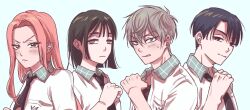  2boys 2girls alien_stage anakt_arts_high_school_uniform_(fading_youth) black_eyes black_hair black_necktie collared_shirt commentary_request contrast_collar green_eyes highres ivan_(alien_stage) ivan_(zombie_stage) long_hair mizi_(alien_stage) mizi_(zombie_stage) multiple_boys multiple_girls necktie pink_hair school_uniform shirt short_hair sua_(alien_stage) sua_(zombie_stage) teiteiivati till_(alien_stage) till_(zombie_stage) very_short_hair violet_eyes yellow_eyes zombie_stage 