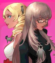 2girls absurdres bare_shoulders black-framed_eyewear black_shirt blonde_hair blue_eyes breasts brown_eyes brown_hair catherine_(atlus_character) catherine_(game) closed_mouth commentary drill_hair english_commentary glasses highres horns katherine_mcbride kizzlu long_hair looking_at_viewer medium_breasts medium_hair multiple_girls negligee parted_lips pink_background red_eyes red_lips sheep_boy sheep_horns shirt sidelocks twin_drills upper_body white_negligee 