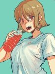  1girl :d arm_at_side blush bottle breasts brown_hair commentary_request drink food food_on_face green_background hair_between_eyes hand_up highres holding holding_bottle holding_drink looking_at_viewer magar1sug1 medium_breasts nose_blush open_mouth original plastic_bottle red_eyes shirt short_hair short_sleeves simple_background smile solo stain t-shirt teeth upper_body upper_teeth_only white_shirt 