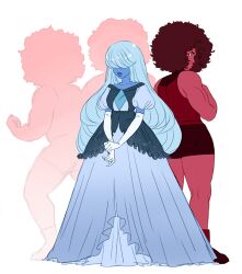  4girls afro blue_hair blue_skin boots closed_mouth colored_skin commentary dress elbow_gloves english_commentary full_body gem_(steven_universe) gloves happyds homeworld_gem_uniform kinky_hair lips long_hair multiple_girls muscular muscular_female puffy_short_sleeves puffy_sleeves red_skin ruby_(steven_universe) sapphire_(steven_universe) short_hair short_sleeves shorts standing steven_universe 