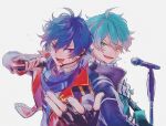  2boys blue_hair fingerless_gloves from_argonavis gloves green_eyes grey_background headset highres himishiro holding holding_microphone long_sleeves looking_at_viewer male_focus microphone microphone_stand multiple_boys nanahoshi_ren nijou_haruka pink_hair purple_hair short_hair smile teeth violet_eyes 