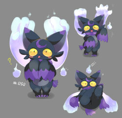  ? absurdres black_fur blush_stickers commentary_request crescent crescent_facial_mark facial_mark grey_background highres korean_commentary looking_at_viewer multiple_views numbered nyota_(artist) open_mouth pal_(creature) palworld purple_fur simple_background two-tone_fur wispaw yellow_eyes 