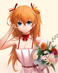  1girl absurdres adjusting_hair bare_shoulders blue_eyes bouquet bow breasts character_name character_signature chinese_commentary choker commentary dress flower flower_request hair_ribbon hand_up highres holding holding_bouquet liaozhaimao2007 long_hair looking_at_viewer neon_genesis_evangelion orange_hair red_bow red_flower red_ribbon red_rose ribbon ribbon_choker rose simple_background sleeveless sleeveless_dress small_breasts smile solo souryuu_asuka_langley spaghetti_strap twintails upper_body white_dress yellow_background 