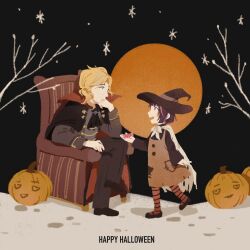  1boy 1girl aged_down armchair asakura_neko ascot black_ascot black_cape black_dress black_hair black_shoes blonde_hair blue_eyes brown_coat brown_dress brown_pants candy cape chair chinese_commentary coat commentary_request crossed_legs cytus cytus_ii dress food halloween hat head_rest highres long_hair long_sleeves low_ponytail moon night no_lineart olicus orange_pantyhose pants pantyhose pink_eyes pink_hair ponytail pumpkin shoes short_hair simon_jackson sitting striped_clothes striped_pantyhose torn_cape torn_clothes vampire_costume white_cape witch witch_hat 