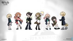  >_< 2boys 5girls angel angel_wings antique_firearm apron aqua_necktie arknights bag bird_girl bird_tail black_coat black_eyes black_hair black_shoes blonde_hair blue_pants blue_shoes blue_sweater brown_coat brown_hair brown_shirt brown_skirt character_bag closed_eyes closed_mouth coat commentary_request copyright_name cup detached_wings doughnut dress drinking eating energy_wings exusiai_(arknights) food from_behind glasses green_halo green_neckerchief green_shirt green_wings grey_shoes gun halo highres holding holding_cup holding_donut holding_food holding_gun holding_sign holding_weapon hood hooded_coat knees_together_feet_apart long_hair mary_janes mifen33 multiple_boys multiple_girls neckerchief necktie official_art open_clothes open_coat open_mouth pants persona persona_3 pink_hair pink_halo pink_wings pouch red_bag rhodes_island_logo_(arknights) rifle scarf school_uniform semi-rimless_eyewear shirt shoes short_hair shoulder_bag sign sitting skirt smile socks standing sweater tail thigh_pouch under-rim_eyewear waitress weapon weapon_request white_apron white_background white_dress white_halo white_pants white_shoes white_socks white_wings wings yellow_pupils yellow_scarf 