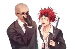  2boys absurdres adjusting_eyewear artist_name bald baton_(weapon) black_gloves black_jacket black_necktie black_suit closed_mouth collared_shirt crisis_core:_final_fantasy_vii earrings facial_mark final_fantasy final_fantasy_vii gloves goggles goggles_on_head green_eyes hand_on_own_hip highres holding holding_baton_(weapon) holding_weapon jacket jewelry looking_at_another male_focus multiple_boys multiple_earrings necktie over_shoulder parted_bangs red_hair reno_(ff7) rude_(ff7) shirt suikaa_duahau suit suit_jacket sunglasses tongue tongue_out upper_body weapon weapon_over_shoulder white_background white_shirt 
