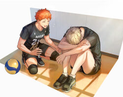 2boys arms_on_knees black_shoes black_shorts blonde_hair commentary_request haikyuu!! hinata_shouyou knee_pads knees_up male_focus miya_atsumu msby_black_jackals_volleyball_uniform multiple_boys orange_hair shichimi_(ftlvampire32) shoes short_hair short_shorts shorts sitting socks sportswear volleyball_uniform 