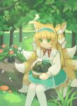  1girl absurdres animal_ear_fluff animal_ears arknights basket black_cat blonde_hair cardigan cat chinese_commentary colored_tips commentary cross-laced_clothes cross-laced_skirt cross-laced_slit crossover fox_ears fox_girl fox_tail frilled_hairband frills green_hairband green_skirt hairband heixiu high-waist_skirt highres in_basket long_sleeves luchiluchi luo_xiaohei luo_xiaohei_zhanji multicolored_hair neck_ribbon official_alternate_costume outdoors pantyhose puffy_long_sleeves puffy_sleeves red_ribbon ribbon shirt sitting skirt solo suzuran_(arknights) suzuran_(spring_praise)_(arknights) tail white_cardigan white_hair white_pantyhose white_shirt 