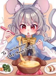  1girl ? animal_ears black_dress blue_capelet blush bow bowl bowtie bread bread_slice broccoli capelet cheese cheese_trail commentary commission commissioner_name dress english_commentary english_text food grey_hair highres holding jewelry long_sleeves mouse_(animal) mouse_ears mouse_girl mouse_tail nazrin necklace open_mouth pendant plate red_eyes second-party_source shirt skeb_commission solo steam tail touhou upper_body white_shirt yayoo6o yellow_bow yellow_bowtie 