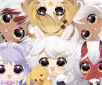  ahoge akumi_(yoclesh) animal_ears bow bowtie character_request chibi choker colored_skin dark-skinned_female dark_skin english_commentary fang fangs grey_hair honey_kub honeykub horns indie_virtual_youtuber looking_at_viewer multiple_girls oni oni_horns open_mouth purple_hair rabbit_ears red_skin sansin_jin savii_(vtuber) scar scar_on_face stuffed_animal stuffed_rabbit stuffed_toy violet_eyes vyugen yellow_eyes 