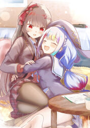  2girls :d ^_^ absurdres barefoot beret black_hair black_hat black_necktie black_pantyhose black_shirt black_suit closed_eyes collared_shirt colored_tips commentary_request flower hair_flower hair_ornament hat highres jogasaki_noah long_hair mahou_shoujo_no_majo_saiban multi-tied_hair multicolored_hair multiple_girls necktie nikaido_hiro official_alternate_costume okanda open_mouth pantyhose plaid_clothes plaid_skirt red_eyes red_flower red_skirt shirt skirt smile streaked_hair suit unmoving_pattern white_hair white_shirt yuri 
